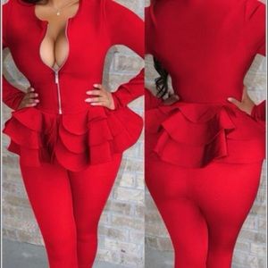 Red Ruffle Pants Suit